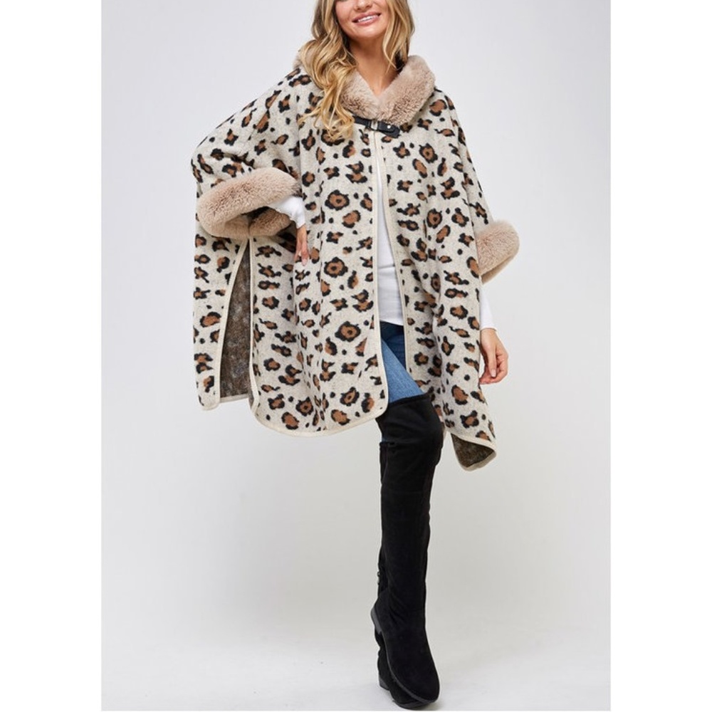 Animal Leopard Print Faux Fur Hooded Knit Poncho Cardigan Sweater Coat Jacket - Picture 3 of 7